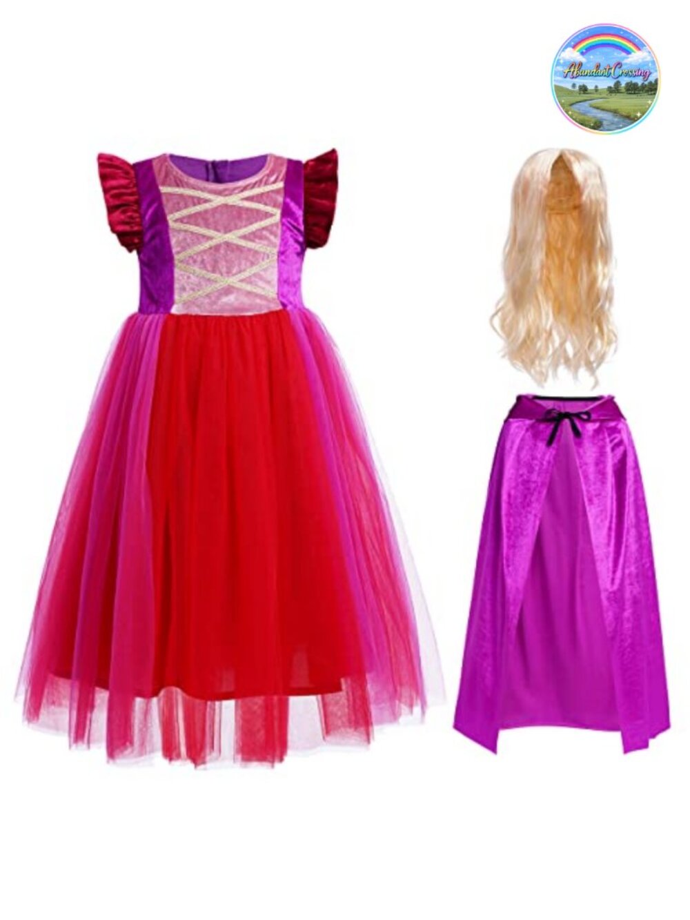 Girls Witch Costume Velvet Tulle Tutu Dress Cape Wig 3pc Set